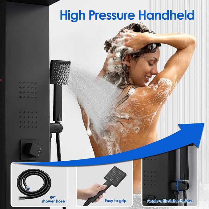 ROVOGO Shower Panel Tower System with Led Lights and 5 Shower Modes, 46.5" | Rainfall Waterfall Shower Head, 4 Body Jets, Handheld & Tub Spout, Stainless Steel Shower Column w/ Brass Valve, Matte Black