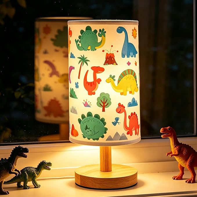 Dinosaur Lamp for Kids Bedroom, 3-Way Dimmable Table Lamp with Wooden Base and Fabric Shade, Cute Dino Room Decor for Boys Girls, Nursery Bedside Night Light, Dinosaur Gifts for Kids