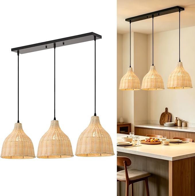 Bobo 3 Light Pendant Light, Hard Wired Hanging Chandelier with 9.84” Dome Rattern Wicker Shade,Suspended Lighting Fixture for for Kitchen Island Dining Bedroom Living Room Restaurants