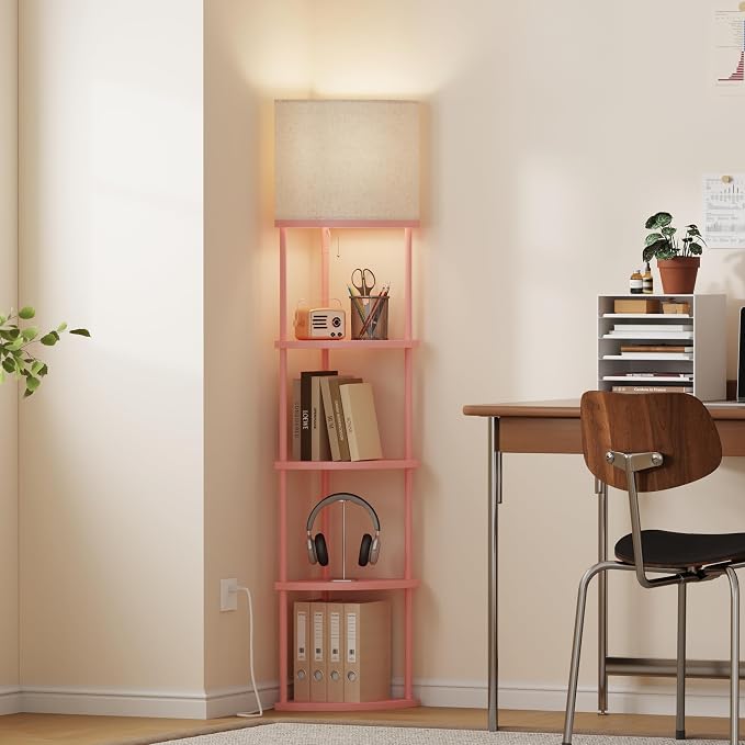 Qupui Floor Lamp with Shelves, 61.5" 5-Tier, 3-Color LED, Pink | Fabric Shade With Soft Cozy Light. 3 Color Temperatures 12W LED. 5 Tiers, 22 Lbs Each. Durable Composite Panels, Metal Frame