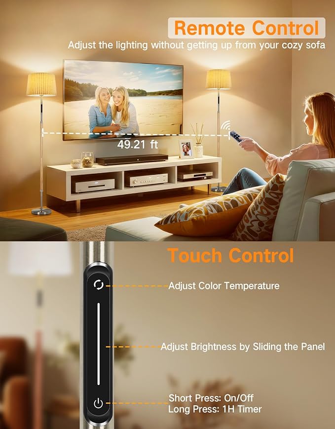 OUTON Wood Floor Lamp with Remote & Touch Slider, 4 Color Temperatures, Stepless Dimmable LED Standing Lamp with 2 Interchangeable Fabric Shades for Living Room, Bedroom, Office,Wood
