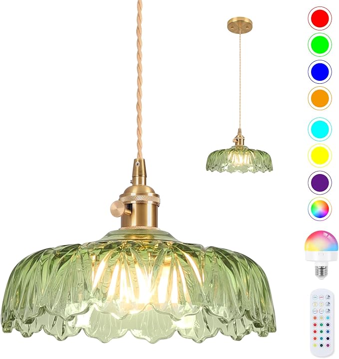Battery Operated Pendant Light,Vintage Light Fixtures RGB Light Bulb 2500mAh 9.4in Green Modern Chandelier with Remote Control Wireless Adjustable Rechargeable Chandelier for Kitchen Island 1Light