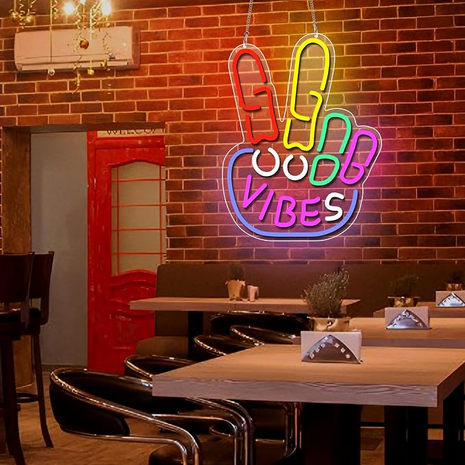 Good Vibes Neon Sign, LED Neon Light for Wall Decor, USB Powered Dimmable Sign with ON/OFF Switch, Colorful Room Decoration Light for Bedroom, Game Room, Bar, Party and Home Decor