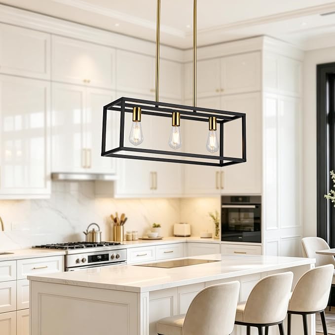 Farmhouse Kitchen Island Lighting, Modern Industrial Chandelier, 3-Light Black&Brushed Brass Linear Rectangular Pendant Light Fixtures for Farmhouse Kitchen Dining Room Bar Foyer