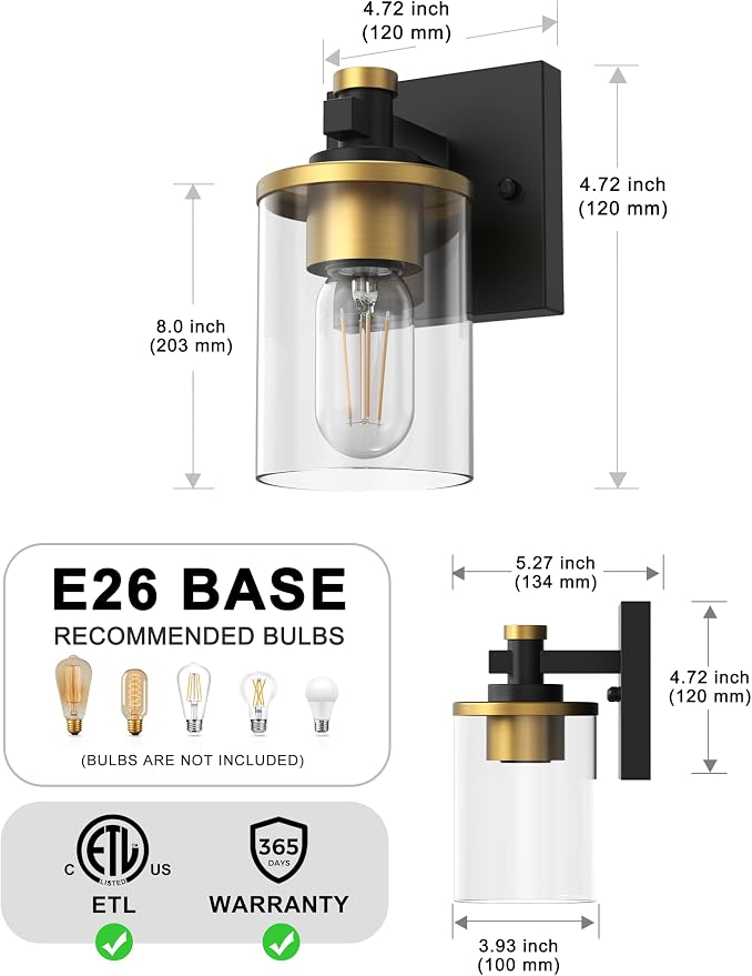 Bathroom Light Fixture, Bathroom Vanity Light Over Mirror, 1-Lights | Vanity Lights for Bathroom, Modern Lighting Fixtures with Clear Glass Shade, Black and Gold Vanity Lights, ETL