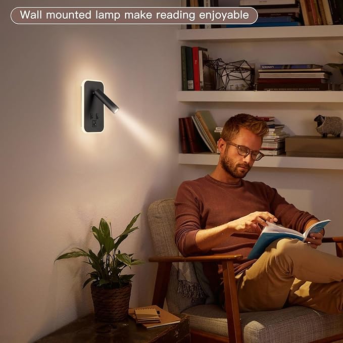 Bed Reading Light, Wall Mounted Reading Fixture with USB C+A Ports, Adjustable Headboard Sconces, Plug-in or Hardwired Bedside Lamp, Modern Black 10W+3W 3000K Warm Ambient lighting for Bedroom