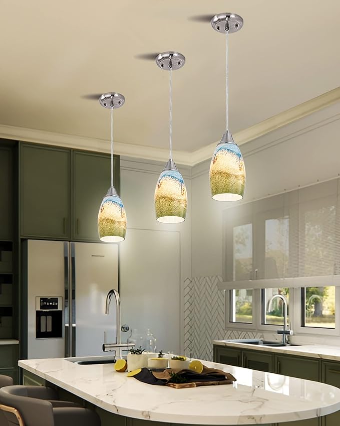 3pack Mini Pendant Lights Kitchen Island Hand Blown Art Glass Hanging Ceiling Pendant Light Over Kitchen Sink Glass Pendant Light Shade for Coffee Bar,Dining Room,Stairs Multi Color