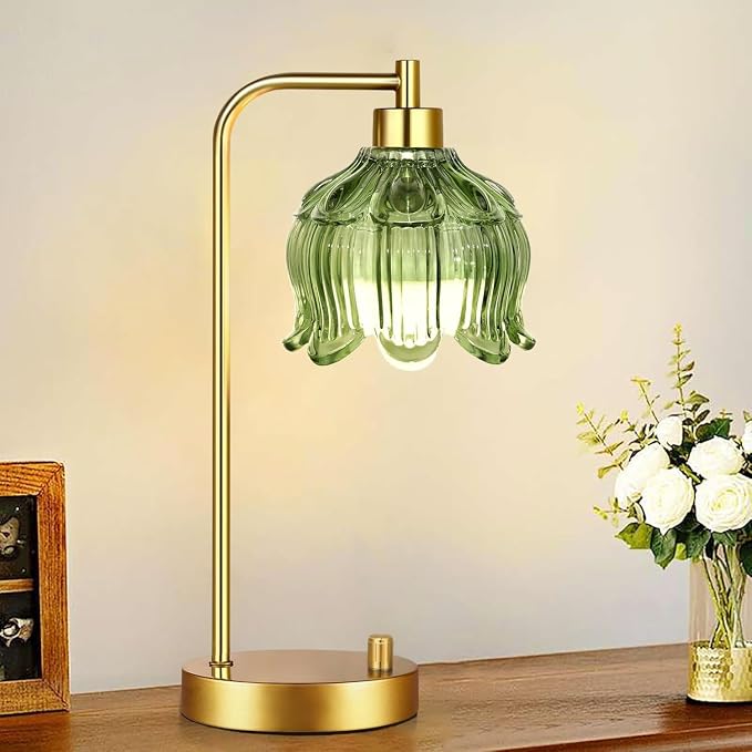 ILLMTW Glass Table Lamp Set of 2,Small Gold Bedside Lamps Dimmable Boho Bedroom Lamp with Tulip Flower Green Lamp Shade,Vintage Mid Century Modern Mini Nightstand Lamp for Bedroom Living Room