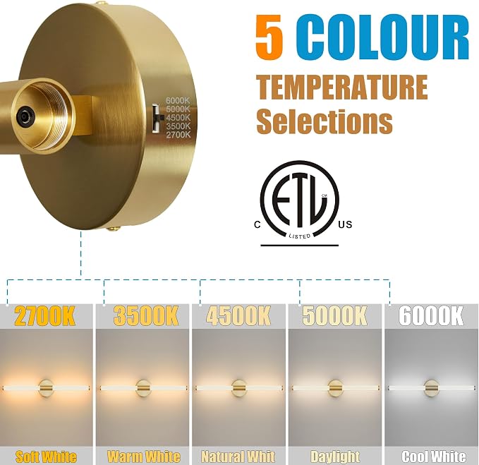 Gold Wall Sconces Set of Two Hardwired LED Vanity Light 23" | Dimmable 5CCT LED Bathroom Light Fixtures, 360° Full Lighting, Modern Vanity Light Bar for Bathroom Mirror