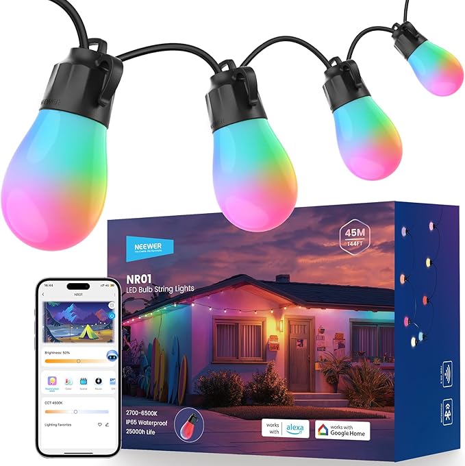 NEEWER NR01 144ft Outdoor String Lights App Control Smart AI RGB IC W Light | Patio Balcony Backyard Outside Hanging Lighting, IP65 Waterproof, 45 LED Bulbs, 50+ Scenes, Compatible with Alexa Google