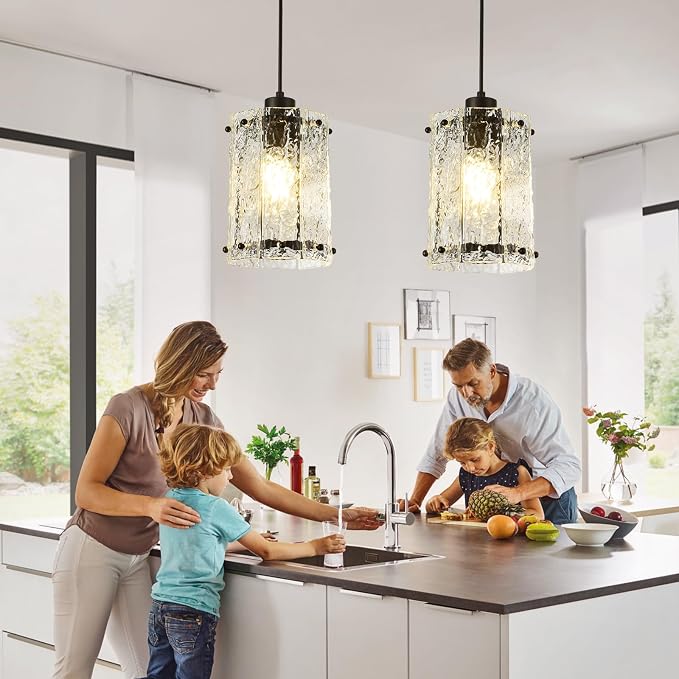 Black Pendant Lights Kitchen Island 2 Pack Modern Water Ripple Glass Pendant Lights Fixtures Round Adjustable Hanging Pendant Lighting for Kitchen Island Dining Room Over Sink Table Entryway