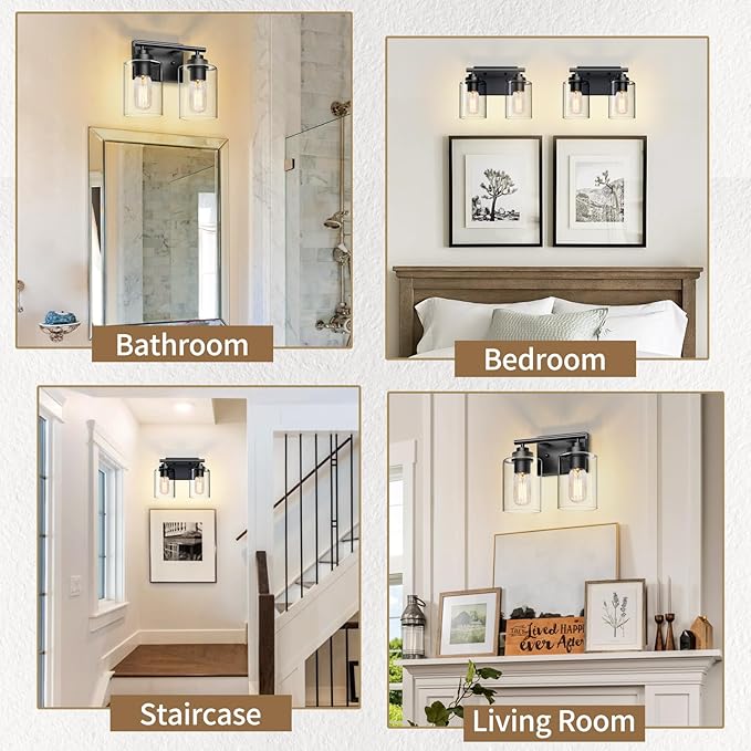 Bathroom Vanity Light Over Mirror,Bathroom Light Fixture Wall Sconce Lighting for Bedroom,Living Room (Black, 2-Light)