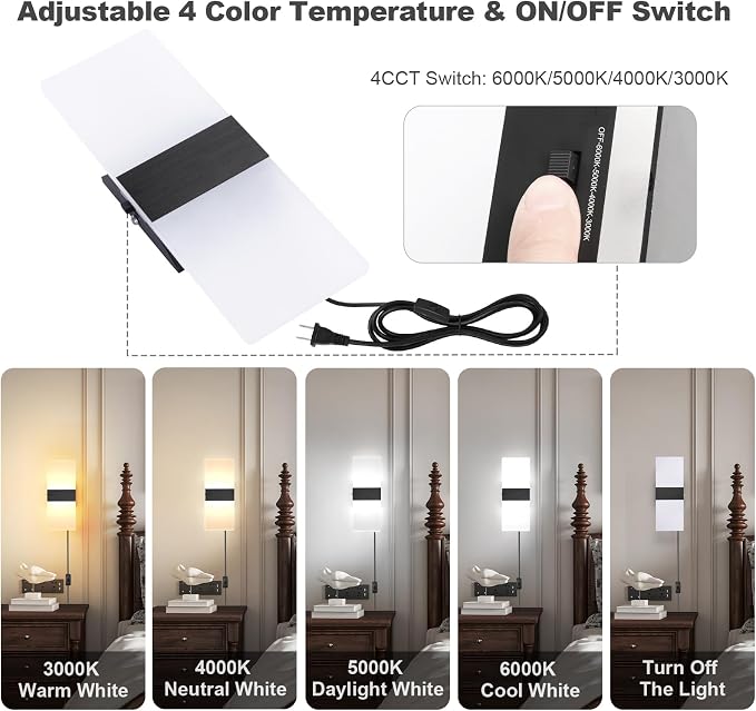 TRLIFE Modern LED Wall Sconce, Adjustable 4 Color Temperature 12W Morden Wall Sconce Plug in, Acrylic Wall Mounted Light Wall Lights with 6FT Plug in Cord for Bedroom Bedside Stairway(1 Pack, Black)
