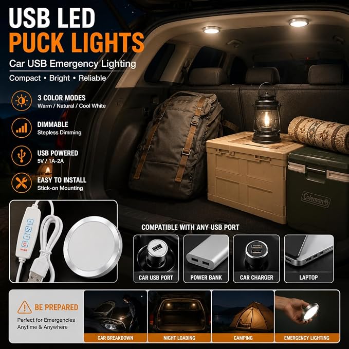 USB LED Puck Light, Dimmable 3 Color temperatures under cabinet (1Pack) | Dimmable, 3 Color Temperatures, Inline Switch, Lighting Setup Memory, Under Cabinet, USB DC 5V, 78.74in Long Cable