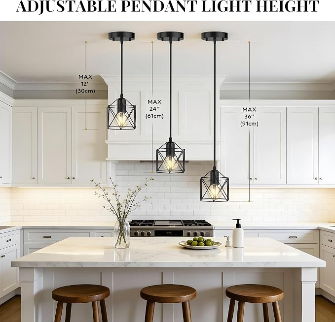 3 Light Pendant Lighting, Farmhouse Hanging Light Fixture for Kitchen Island & Dining Room, Industrial Vintage Ceiling Lamp with E26 Base, Adjustable Height, Matte Black