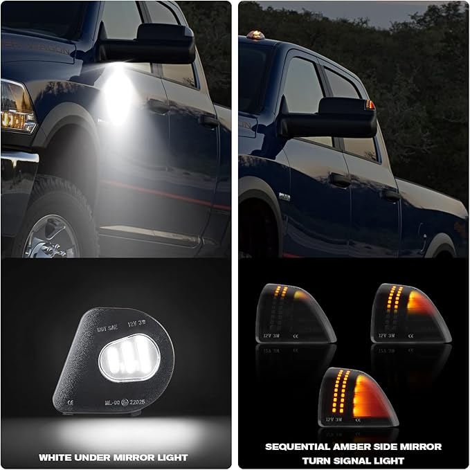 Gempro LED Side Mirror Turn Signals Puddle Lights Kits Assembly for 2010-2018 Dodge Ram 1500 2500 3500 4500 5500 Towing Mirror Lamps 4PCS