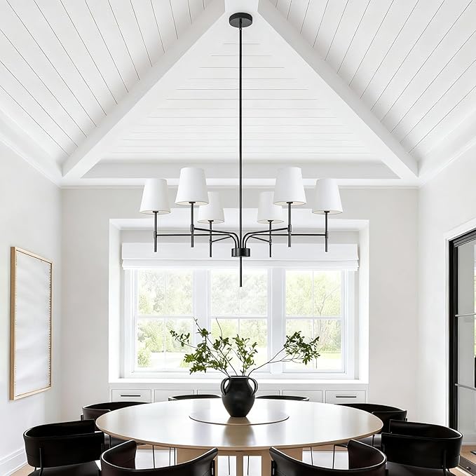 2026 New Black Chandeliers for Dining Room Light Fixture over Table, 34" 6-Light Transitional Modern Farmhouse Chandelier with White Fabric Shade, Pendant Lighting for Kitchen Island Living Room Foyer