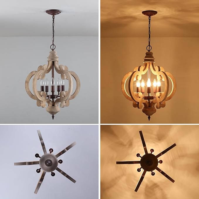 5-Light Farmhouse Chandelier, Rustic Wood and Metal Light Fixture with Distressed White Finish & Rust Accents, Adjustable Height for Dining Room, Kitchen Island, Entryway, Foyer, Bedroom