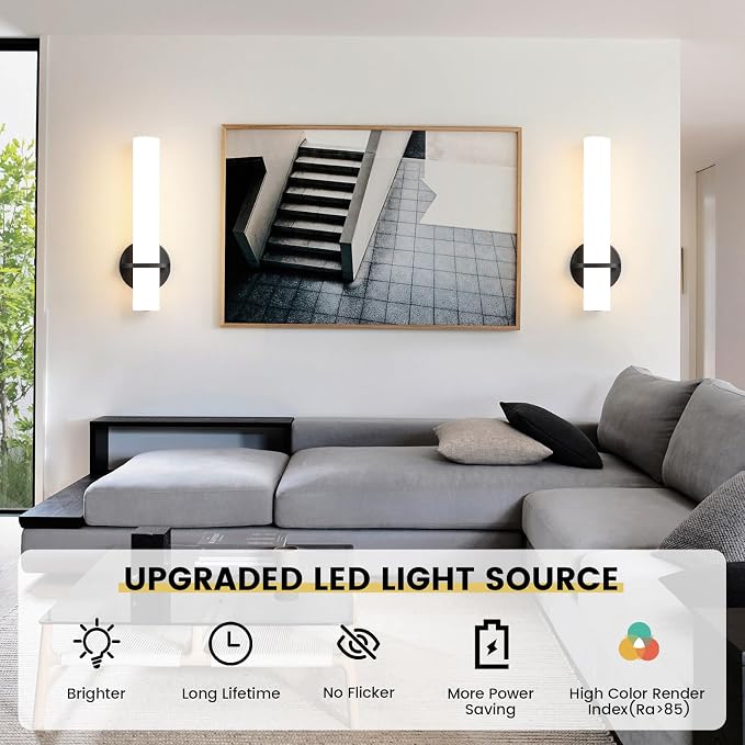 AIJIASI Wall Sconce Light - 15 inch Modern Black Bathroom Light Fixtures Wall Sconces Set of Two Dimmable LED Sconce Lighting, 15W 3000K Wall Light with Acrylic Shade for Bedroom Stairway Living Room