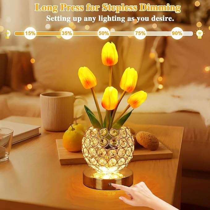 Birthday Gifts for Women Mothers Day Gifts/for Mom Tulip Table Lamp | 3 Color Crystal Flower Bedside Lamps Infinitely Dimming with USB Charge Small Night Light,Night stand Touch Lamp(gold-tulip)