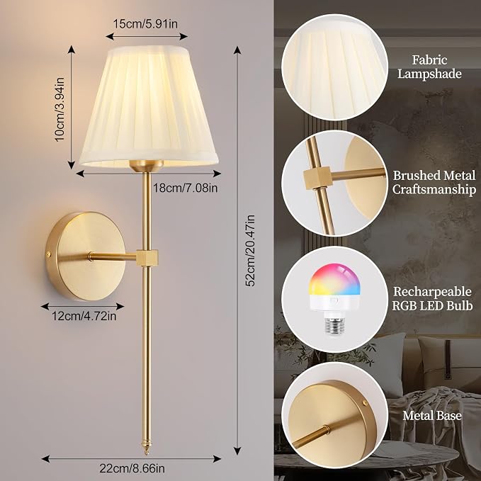Cordless Battery Operated Wall Sconces Set of 2, Rechargeable Wall Sconce with Remote, Fabric Shade Wireless Wall Sconce Fixtures for Bedroom, Living Room, Bedside (2 Bulbs Included)