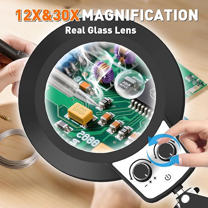 KIRKAS 12X & 30X Magnifying Glass with Light and Clamp, Extra-long Arm Magnifying Lamp Overhead Knob for Workbench Craft Repair Sewing, LED Lighted Magnifier Real Glass Lens Stepless Dimming and Color
