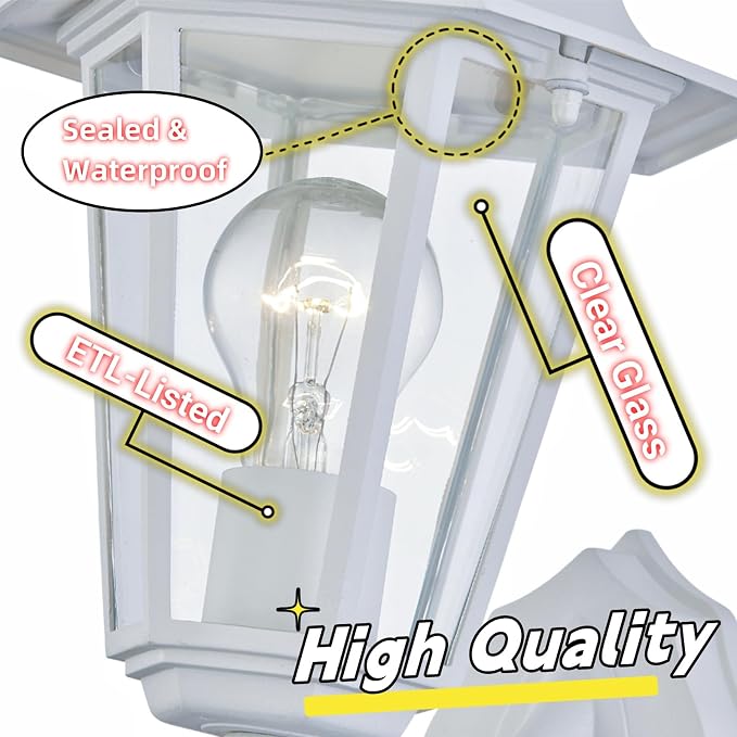 WISBEAM White Outdoor Wall Lantern, Outdoor Wall Sconce for House Porch Lighting Fixture, E26 Base 60W Max, Metal Housing Plus Glass, Wet Location Rated, ETL Qualified, Bulbs not Included