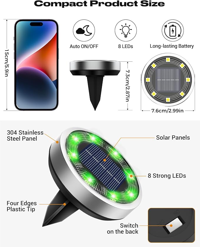 btfarm 16 Pack Solar Lights Outdoor Waterproof, 8 LED Solar Ground Lights | Stainless Steel, Easy-to-Install Flat Solar Disc Lights, Pathway Lights for Garden Lawn Patio Yard Path Landscape, Green