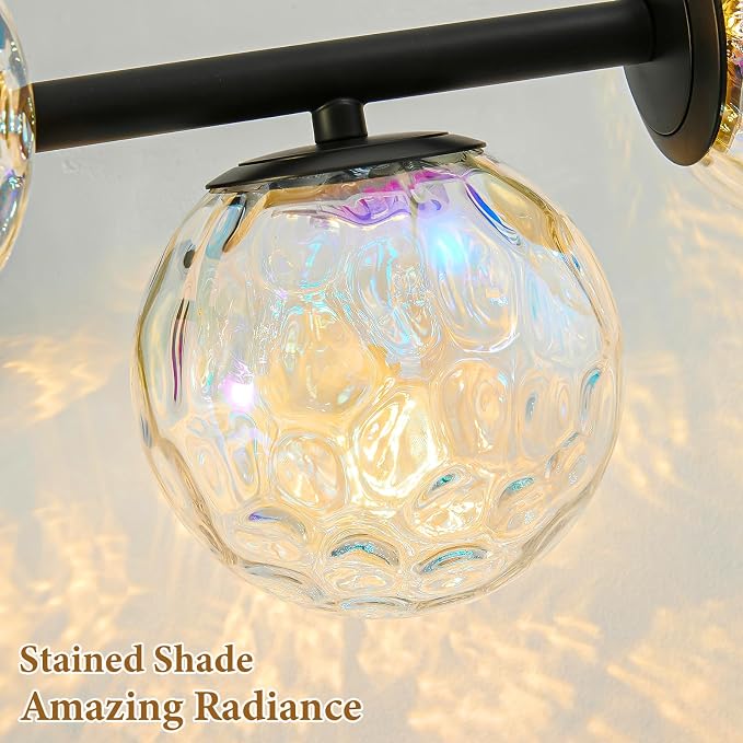 27" Black LED Stained Hammered Glass Globe Bathroom Vanity Light | Colorful Water Ripple Light Effect, Decorative Stained Hammered Glass, Matte Black, Integrated Led Source, Mid Century Design