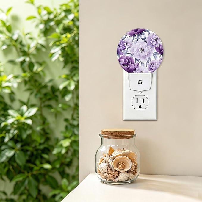 Decorative Night Lights Purple Flower Plug-in Nightlight Auto Light Sensors | Floral Romance Chic Night Lights Plug into Wall LED Lamp Dusk-to-Dawn Auto Sensor Energy Saving