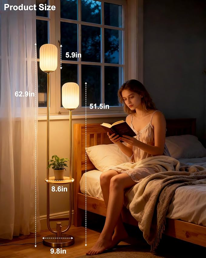 Lightdot 63IN Gold Dimmable Floor Lamp with Table, Mid Century Modern Tall Standing Lamps with 3000K Bulbs Included, Unique Vintage Floor Lamp for Living Room/Bedroom/Sofa Beside/Corner Decor