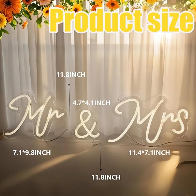 Mr and Mrs Neon Sign for Wedding Neon Light LED Backdrop Wall Decor USB Wedding Reception Decoration Gifts for Anniversary Engagement Banquet