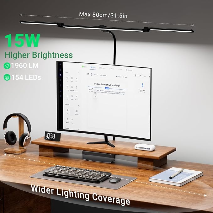 LED Desk Lamp for Home Office,3 Lamp Bars, 5 Color Temperatures & 10 Dimming Brightness, Flexible Neck, 15W USB Adapter Desk Light with Clamp for Reading, Study, Craft (Black)