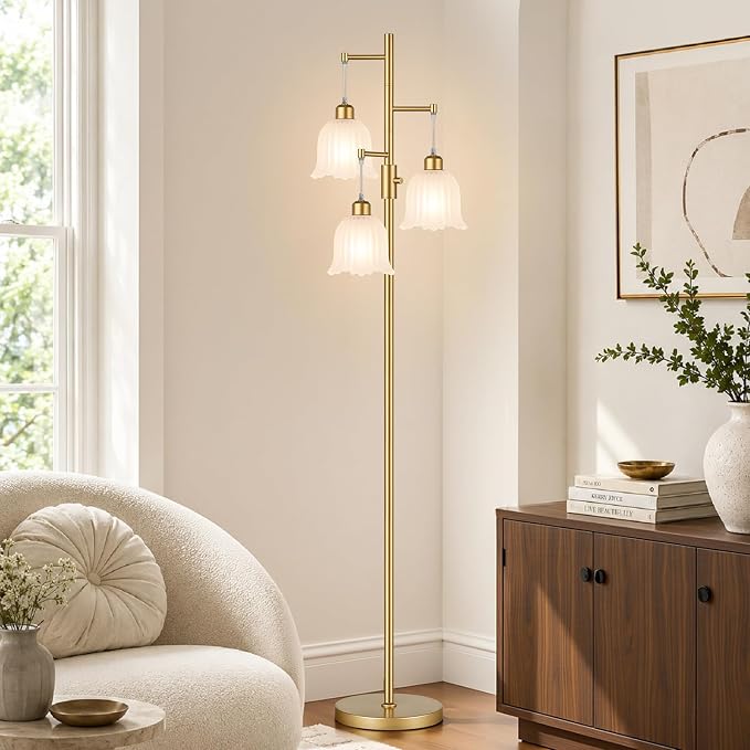 Dimmable Flower Floor Lamp, 3 x 900LM LED Bulbs Included, Modern | 70" Gold Tree Standing Lamp, 3 Lights Elegant Frosted Glass Flower Shade Vintage Floor Lamps for Living Room, Bedroom, Office
