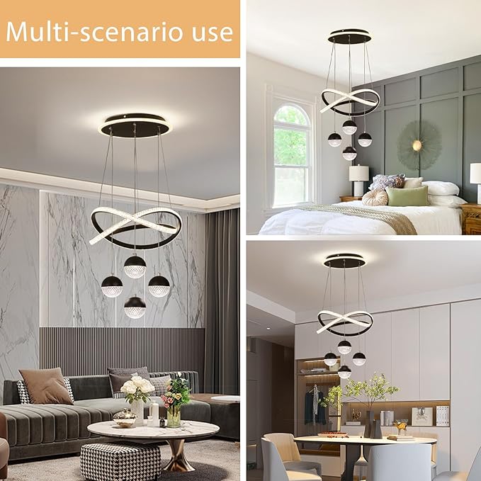 Modern Black LED Chandeliers, LED Pendant Light Dining Room Light Fixtures Over Table Dimmable with Remote Control Adjustable Modern Chandeliers for Dining Room Kitchen Island Living Room Bedroom