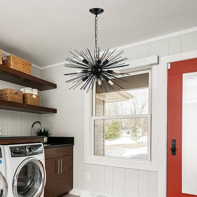 24in Black Sputnik Chandelier Light Fixture Over Table Modern 9-Lights Starburst Chandelier Solid Metal Satellite Sputnik Light Fixture for Dining Room, Kitchen Island, Bedroom,Foyer,Entryway