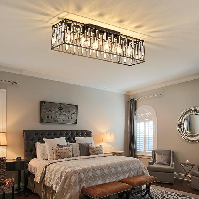 Garwarm 6-Light Crystal Flush Mount Ceiling Light, 38.7" Black Rectangle | Crystal Modern Chandelier Rectangular Dining Room Light Fixture for Low Ceiling, Kitchen Island, Living Room, Foyer, Entryway