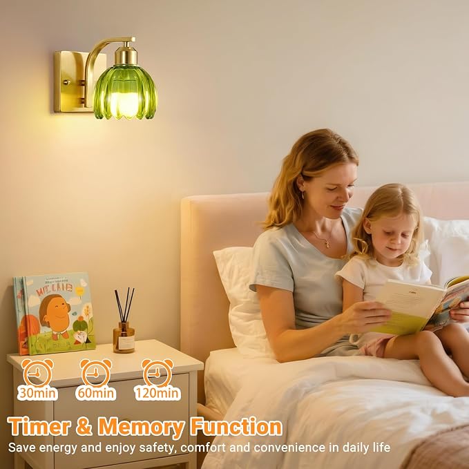 Rechargeable Battery Operated Wall Sconce Set of 2, Wireless Battery Powered Gold Wall Lamps with Green Tulip Glass, Vintage Dimmable Wall Lights with Remote Control for Bedroom Living Room