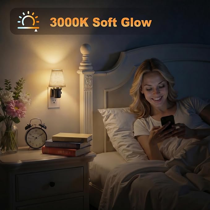 JandCase LED Night Lights Plug into Wall, Linen Fabric Round Vintage | Nightlight, Decorative Night Light with Dusk to Dawn Sensor, 0-100LM Dimmable, for Bedroom Living Room Hallway[2 Pack]