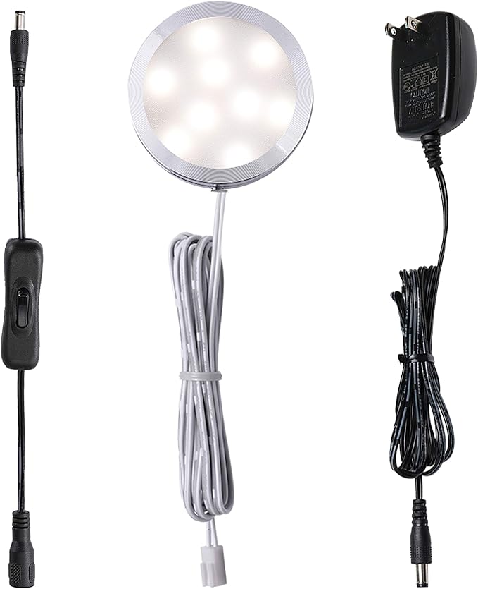 AIBOO 12V LED Under Cabinet Puck Lights Plug in, with Manual Switch, Single Puck LED Light for Closet,Counter,Showcase,12Vdc Low Voltage Wall Plug (Nature White)
