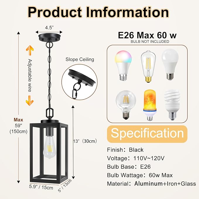 13" Outdoor Pendant Light for Porch - Farmhouse Exterior Hanging Lantern with Clear Glass,Weatherproof for Entryway, Doorway, Patio, Garden, and Outdoor Spaces