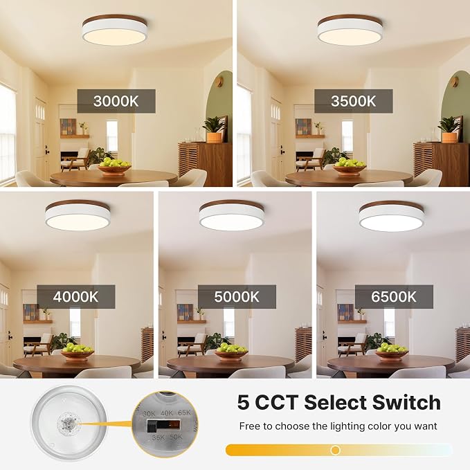 12" Minimalist White and Walnut Wood LED Flush Mount Ceiling Light | Natural Wood Accent, Integrated LED, 5CCT Before Installation, Slim Low-Profile Design, Minimalist Modern Style, Compact Size