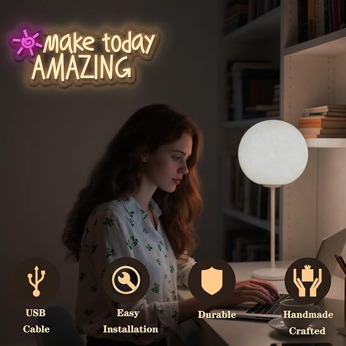Make today Amazing neon sign, suitable for classroom wall decoration, back-to-school season, graduation season, student gifts. Dimmable, USB powered, pink heart-shaped inspirational neon light.