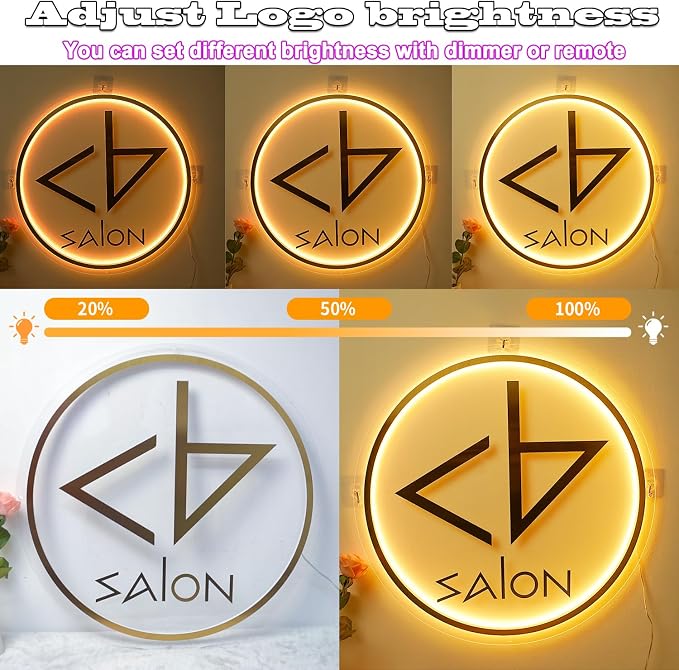 Custom Backlit Logo Sign for Business, Plug/Battery Powered Metal LED Signs | for Bars, Salons, Offices, Company & Storefront Wall Decor, 10-60in, 11 Lighting, Dimmable/RGB Color Change, Upload Picture
