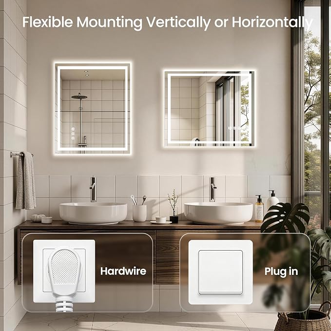 28x36 LED Bathroom Mirror with Anti-Fog, Backlit & Front Lit, Memory | Stepless Dimmable 3 Color CRI 95+ Shatterproof Tempered Glass ETL Listed for Safety Lighted Bathroom Vanity Mirror for Wall