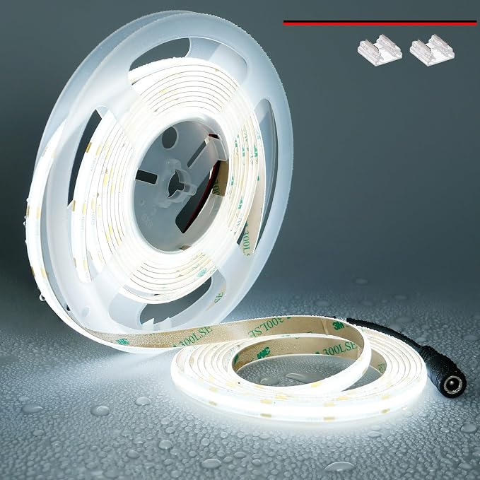 TOPAI 12V COB LED Strip Cool White 6000K 16.4ft Dotless IP65 Waterproof | High Density 480LEDs/M, CRI>90 4000Lm, Cuttable, Flexible, Self Adhesive Easy Install for Bedroom, Cabinet