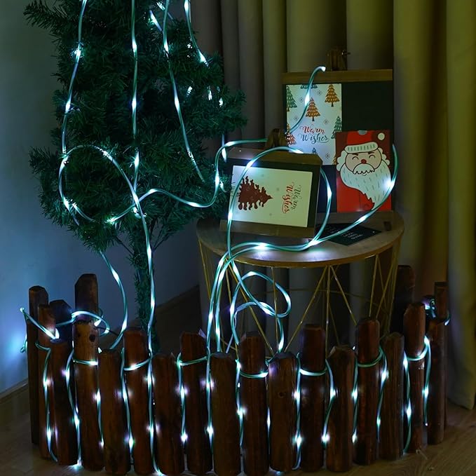 QITONG Solar Christmas Lights Outdoor, 2 Pack Each 33ft 100 LED Green and White Candy Cane Rope Lights, Fairy Lights in Clear Thin Tube with 8 Modes