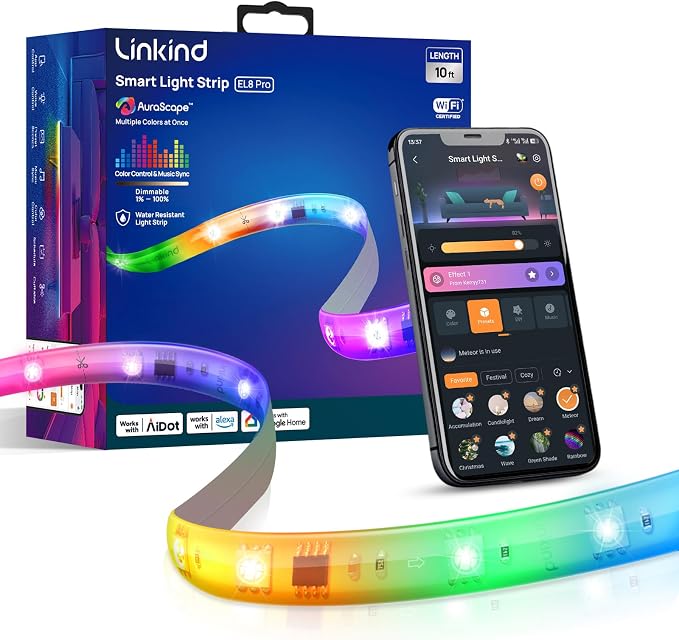 Linkind 10ft Smart LED Strip Lights - AuraScape Segmented Color Changing WiFi Light Strip - Compatible with Alexa & Google Home - DIY Dynamic Lighting for Bedroom, Living Room, Gaming Setup & Kitchen