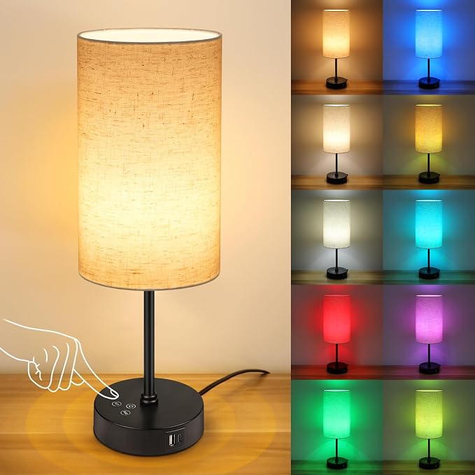 17Inch Table Lamp for Bedroom, Touch Control Bedside Lamp for Reading, 3 CCT & 7 RGB Color Changing, Dimmable Nightstand Lamp for Kids Room Living Room Office, Beige Shade
