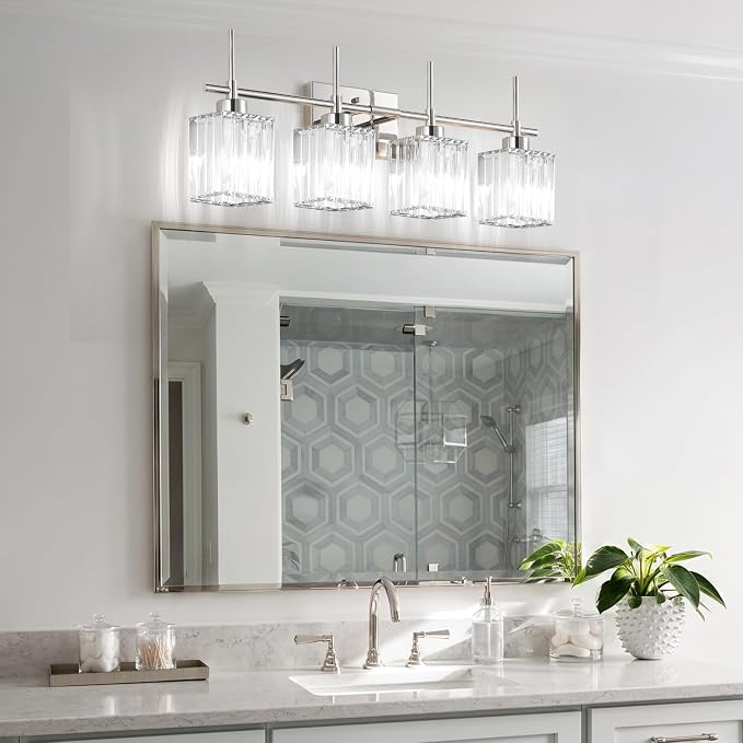 Torondo Modern Crystal Bathroom Vanity Light 4-Lights Chrome Bathroom Light Fixtures Over Mirror Vanity Lighting Fixtures Gold Square Shade Wall Sconce (Bulbs Not Include)